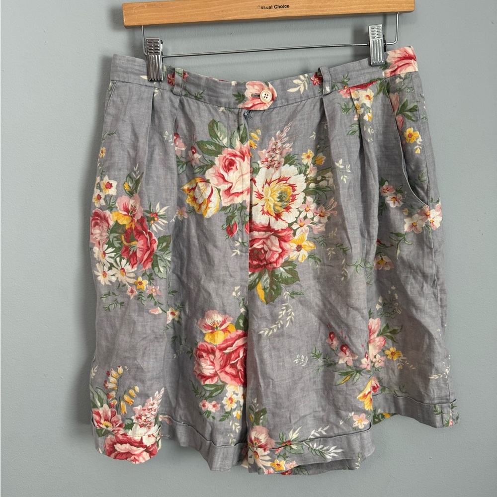 VTG 90s Ralph Lauren cottagecore floral high waisted 100 percent linen shorts 12